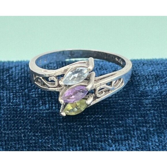 Unbranded Jewelry - Vintage 925 Silver Three Stone Marquis Ring Peridot Topaz Amethyst Size 9.75